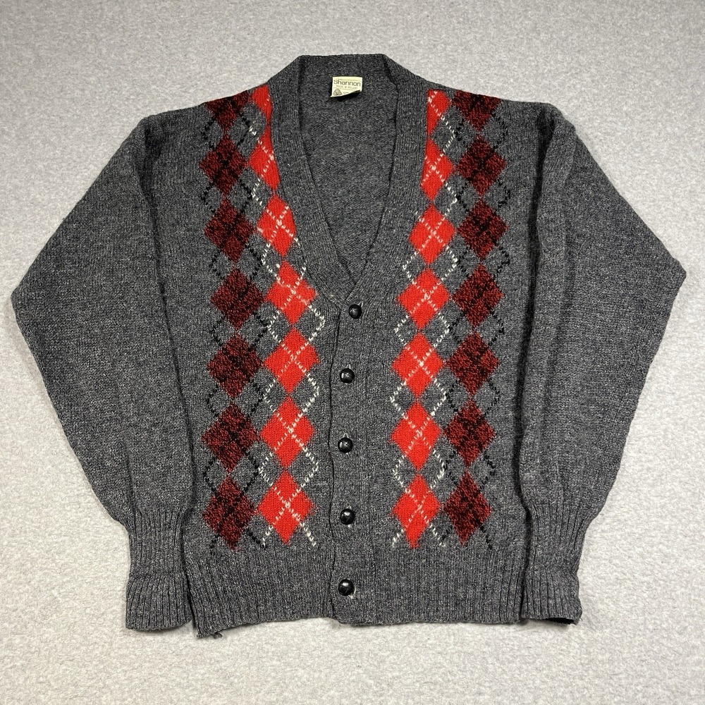 Shannon Cardigan Sweater Mens Medium Gray Argyle Diamond 100% Wool Ireland Knit